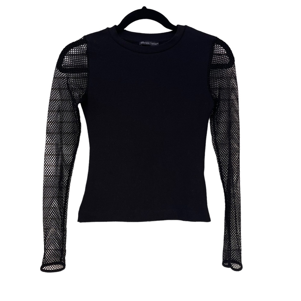 Zara Basic Collection Black Top Mesh Crew Neck Long Sleeve Size S - Picture 1 of 11